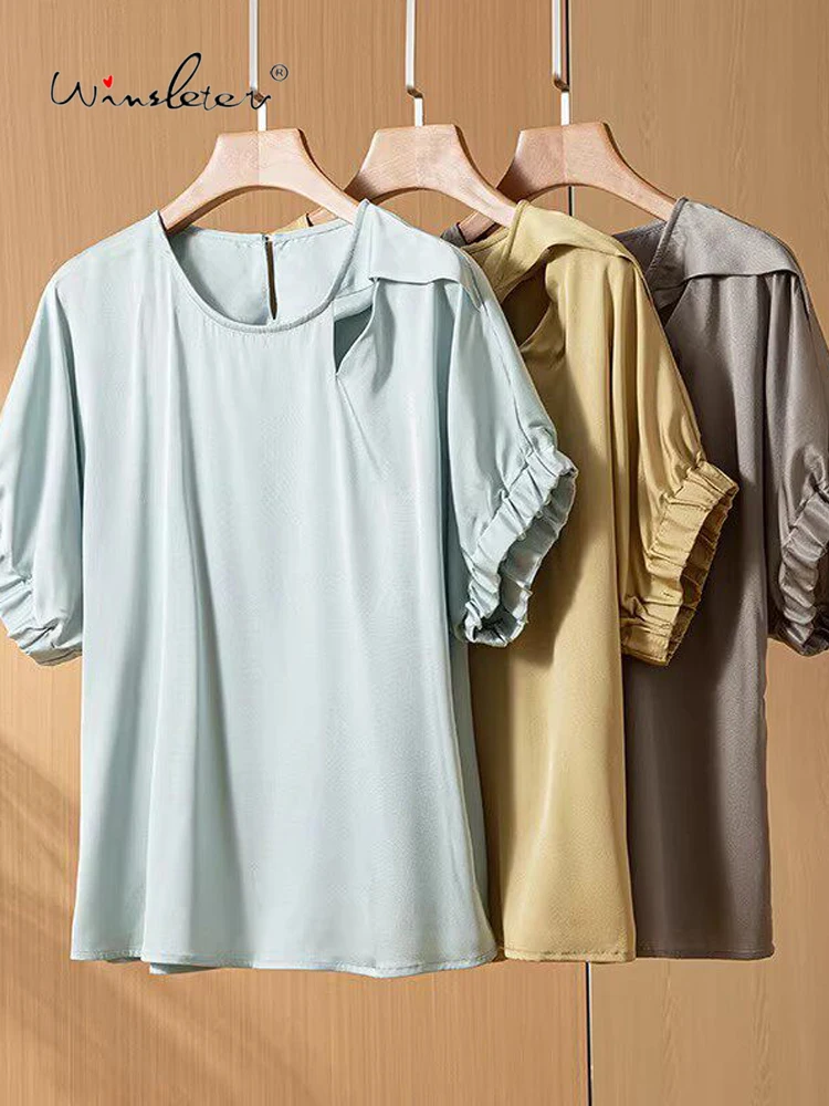 

Элегантная футболка Winsleter из 93% шелка и 7% спандекса, с круглым вырезом, коротким рукавом, однотонная, женская универсальная свободная блузка для повседневной носки, лето 2026, T63001CC