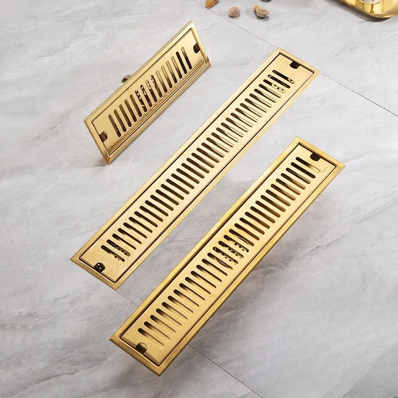

304 Stainless Steel Golden Long Floor Drain, Large Discharge Rectangular Long Strip Floor Drain for The Bathroom