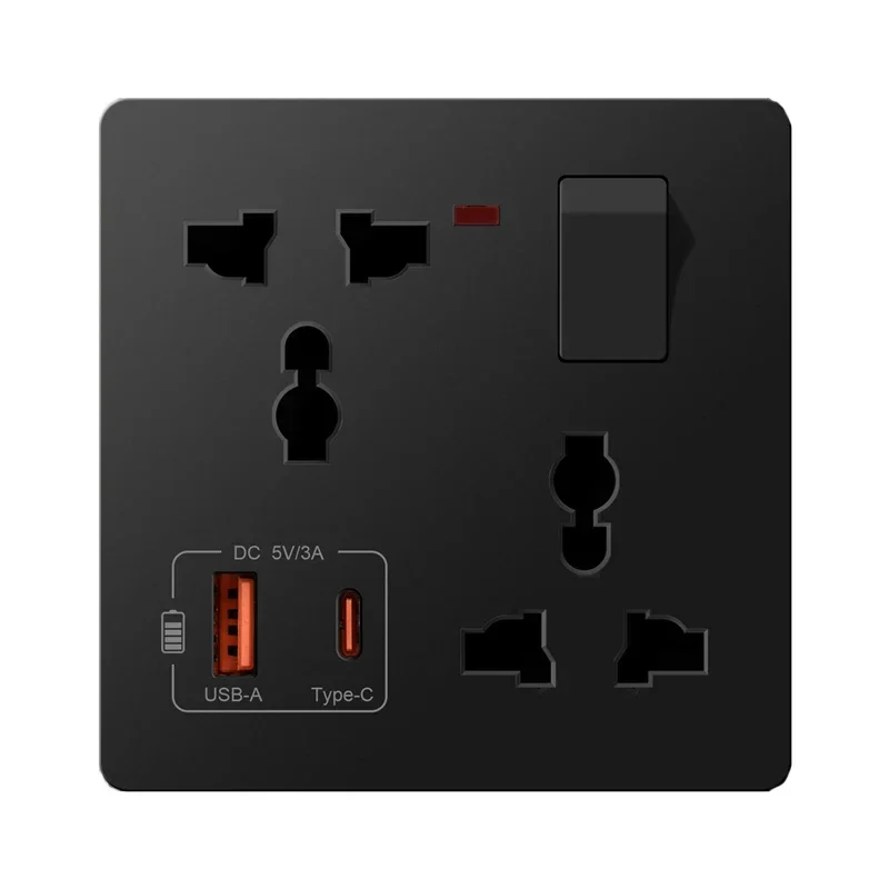 86 Type Wall Multifunctional 1Gang6 Six-Hole Socket With Switch Control USB+Type-C Port Fast Charging Socket Panel