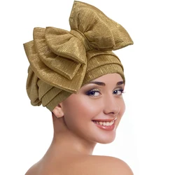 Turbante dorado para Mujer, gorro elegante con lazo multicapa, corbata Africana lista para la cabeza, Turbante para Mujer 2022