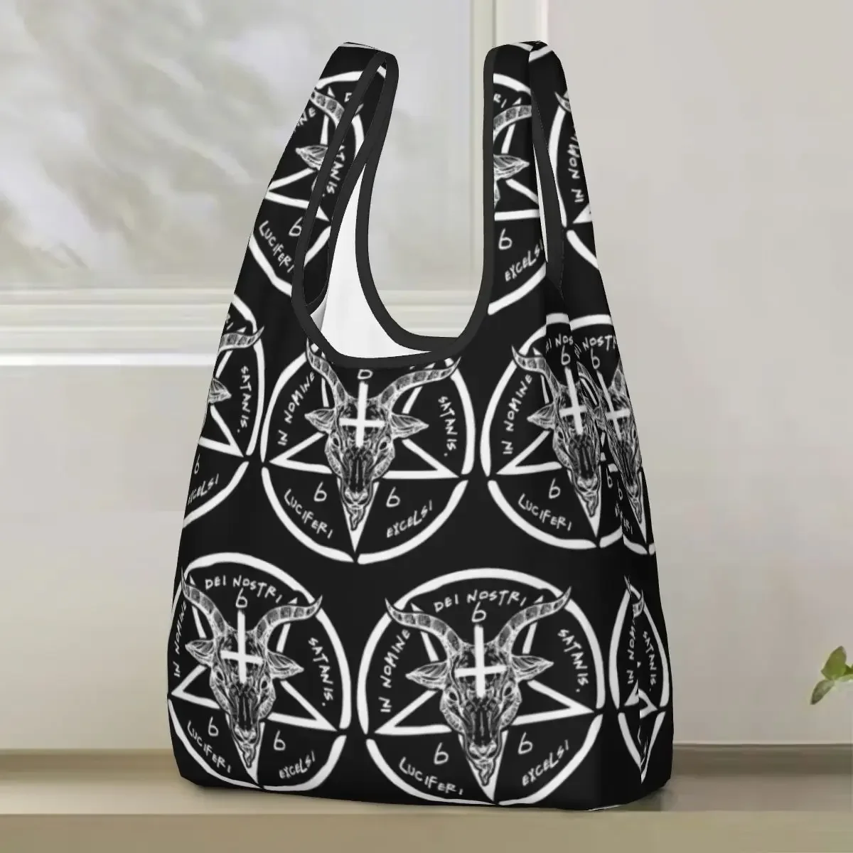 Occult Satanic Pentagram Shopping Bag Portable Tote Bags Foldable Shoulder Shopper Bag Grocery Handbag