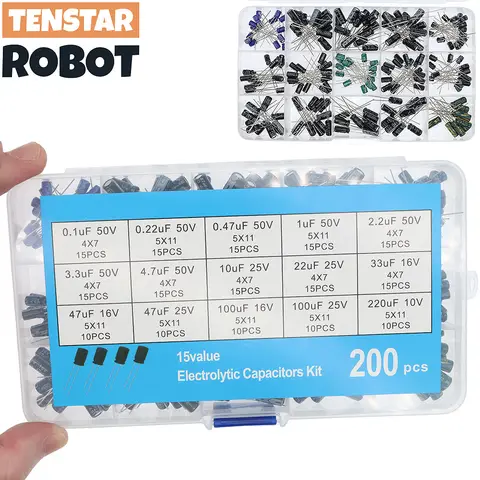 200pcs Radial Capacitors Set 15Values 10V 16V 25V 50V 0.1uF-220uF Electrolytic Capacitor Assortment Kit 0.22uf 2.2uf 100uf
