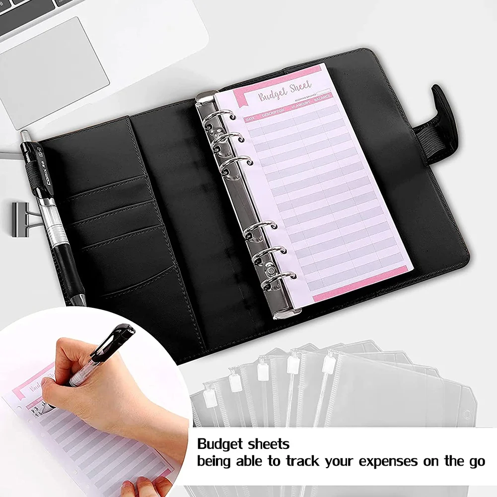 Cash Binder with Budget Envelopes & Expense Budget Sheets Binder Pockets, Cash Budget Binder Zipper Bags Pink