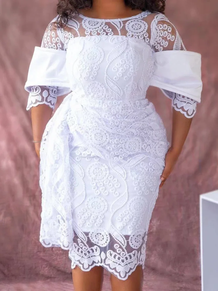 

White Lace Dresses for Women Vintage Crew Neck Embroidery Tunic Package Hip Retro Elegant Midi Dress Holiday Party Wedding Gowns