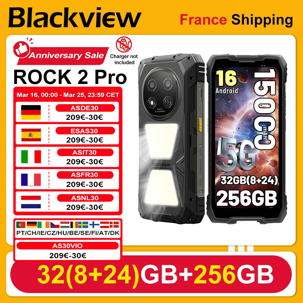 [Expédition depuis la France] Smartphone robuste Blackview ROCK 2 Pro 8 Go + 256 Go 6,67'' IPS Android 16 15000 mAh 33 W 5G Empreinte digitale NFC