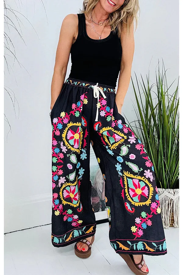 

New Style Imitation Denim Pocket Pants Exaggerated Printed Design Wide-leg Trousers Women's Elastic Waist Pants With Pockets