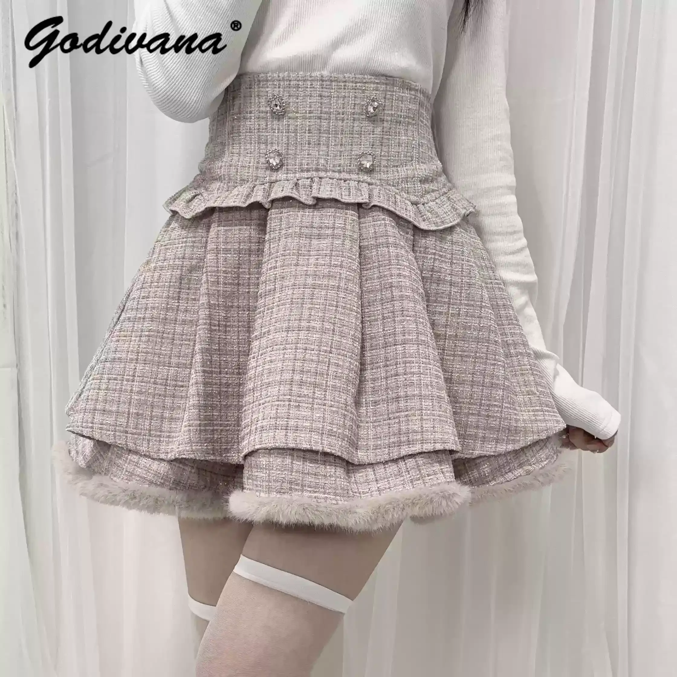 New Autumn and Winter Double-layer High-waisted Tweed Short Skirt Japanese Mine Mass-produced Women's Woolen Skirts