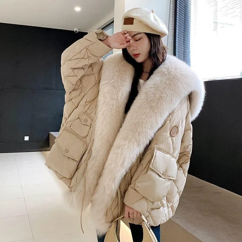 

Women's Warm Medium and Long Winter New Oversized Imitation Fox Fur Collar Down Cotton Clothes Pie Overcome Women's Fur Jacket