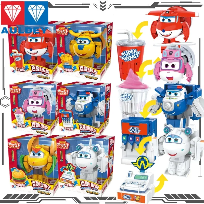 AULDEY Super Wings Transform Jett Cola Donny French Fries Deformation Robot 9/10 Steps Variable Cartoon Action Figures Gifts