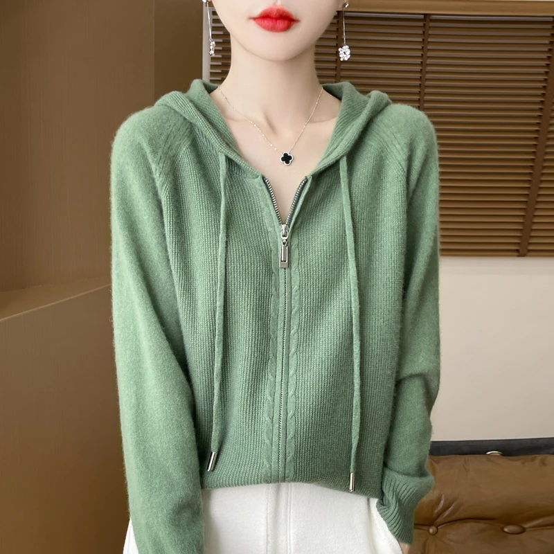 YSC2024 new women's classic Australian pure wool hooded knitted cardigan long sleeved casual high-quality knitted sweater