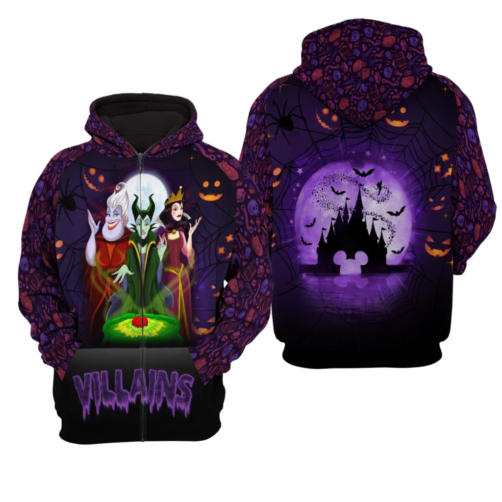 Halloween Villains 3D Hoodie Disney Halloween 3D Zip Hoodie