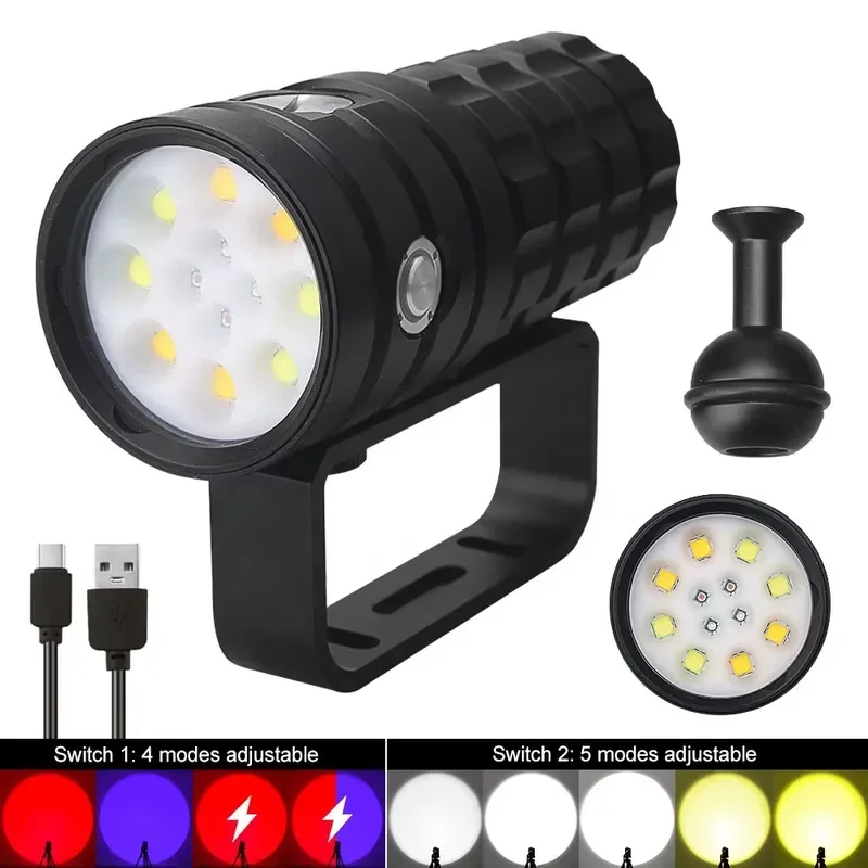 Super Bright Underwater Diving Photography Video Flashlight 25000 Lumen Built-in Battery Waterproof Scuba Diver Torch Light