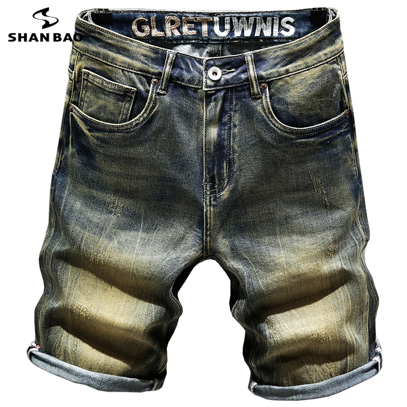 

SHAN BAO Summer Men's Fitted Straight Thin Denim Shorts Mustache Effect Distressed Monogram Embroidered Vintage Casual Shorts
