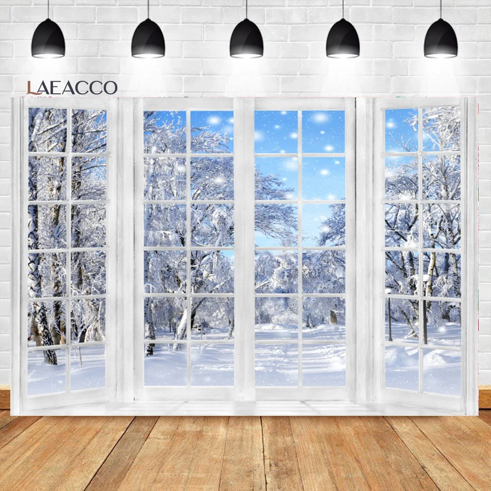 

Laeacco Winter Window Photography Backdrop Beautiful Forest Nature Snowy Scenery Kids Family Christmas Portrait Photo Background