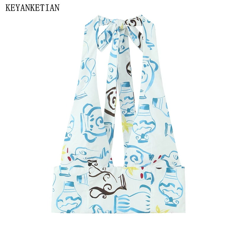 

KEYANKETIAN Summer new women's high waist exposed navel printed poplin short top with neck hanging suspender and women's vest