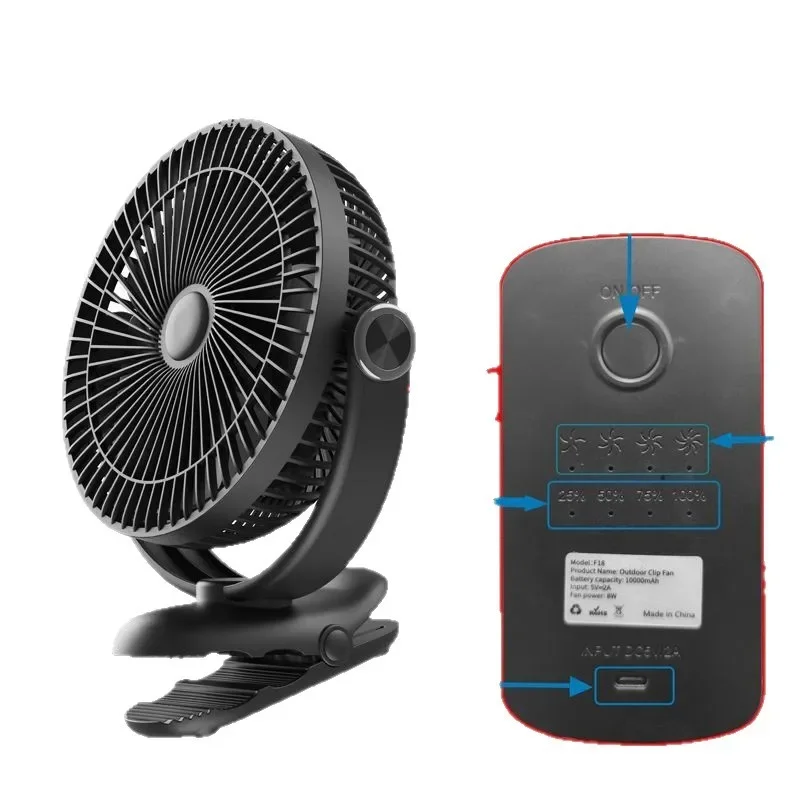

Big wind outdoor fishing clip fan 8 inch portable camping tent hanging fan, golf clip charging