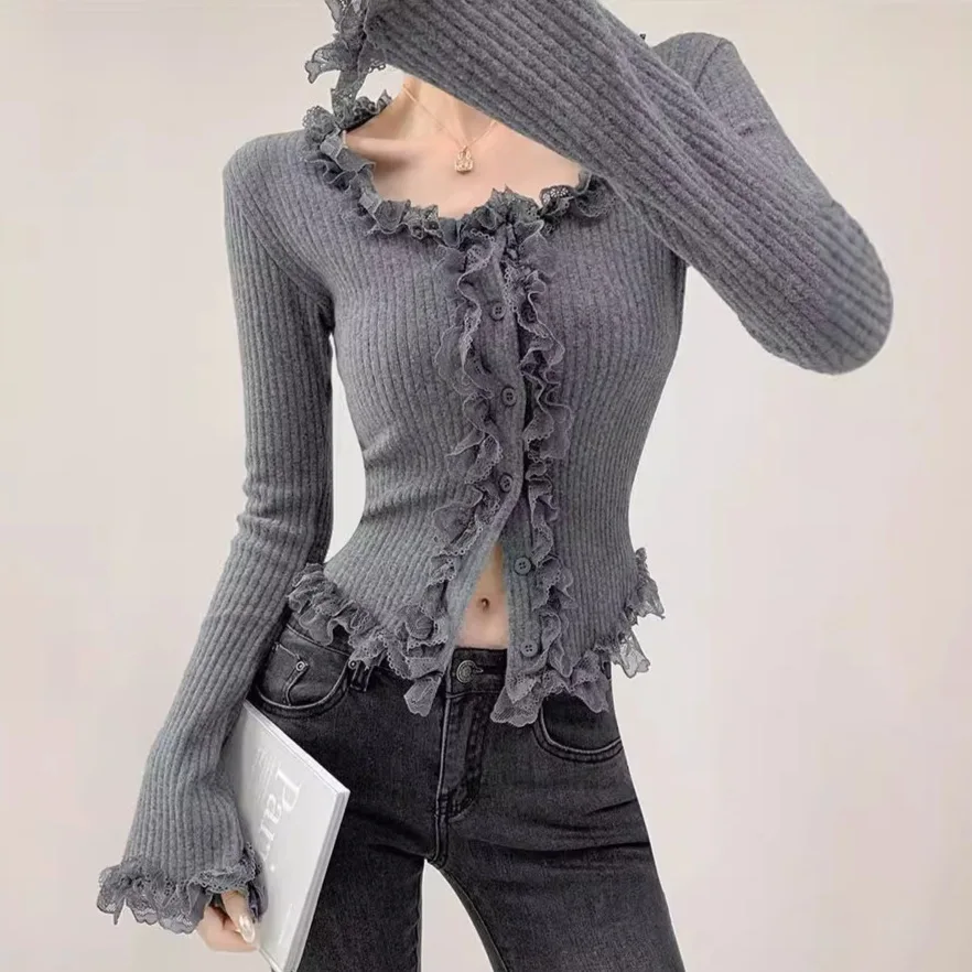 Square Collar Lace Edge Splicing Long Sleeve Knitted Sweater Women's Retro Short Style Slim and Look Thin Interior Bottom Top