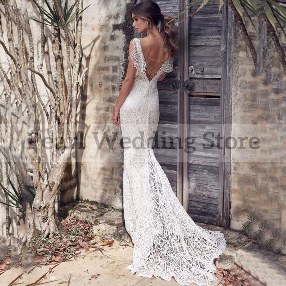 Lace Mermaid Bride Wedding Dress Backless Drop Beads Elegant V-Neck Sleeveless Bridal Marring Gowns Brush Trail فستان الزفاف