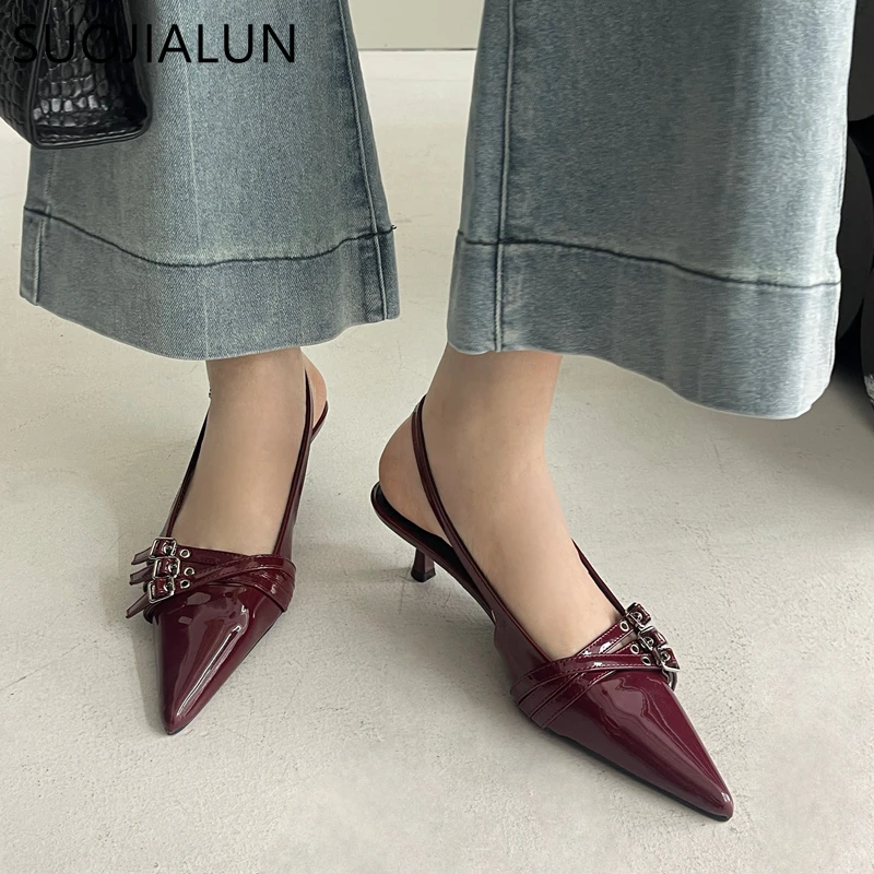 SUOJIALUN 2024 New Brand Women Sandal Fashion Red Pointed Toe Shallow Slip On Slingback Sandal Thin Low Heel Dress Pumps Shoes