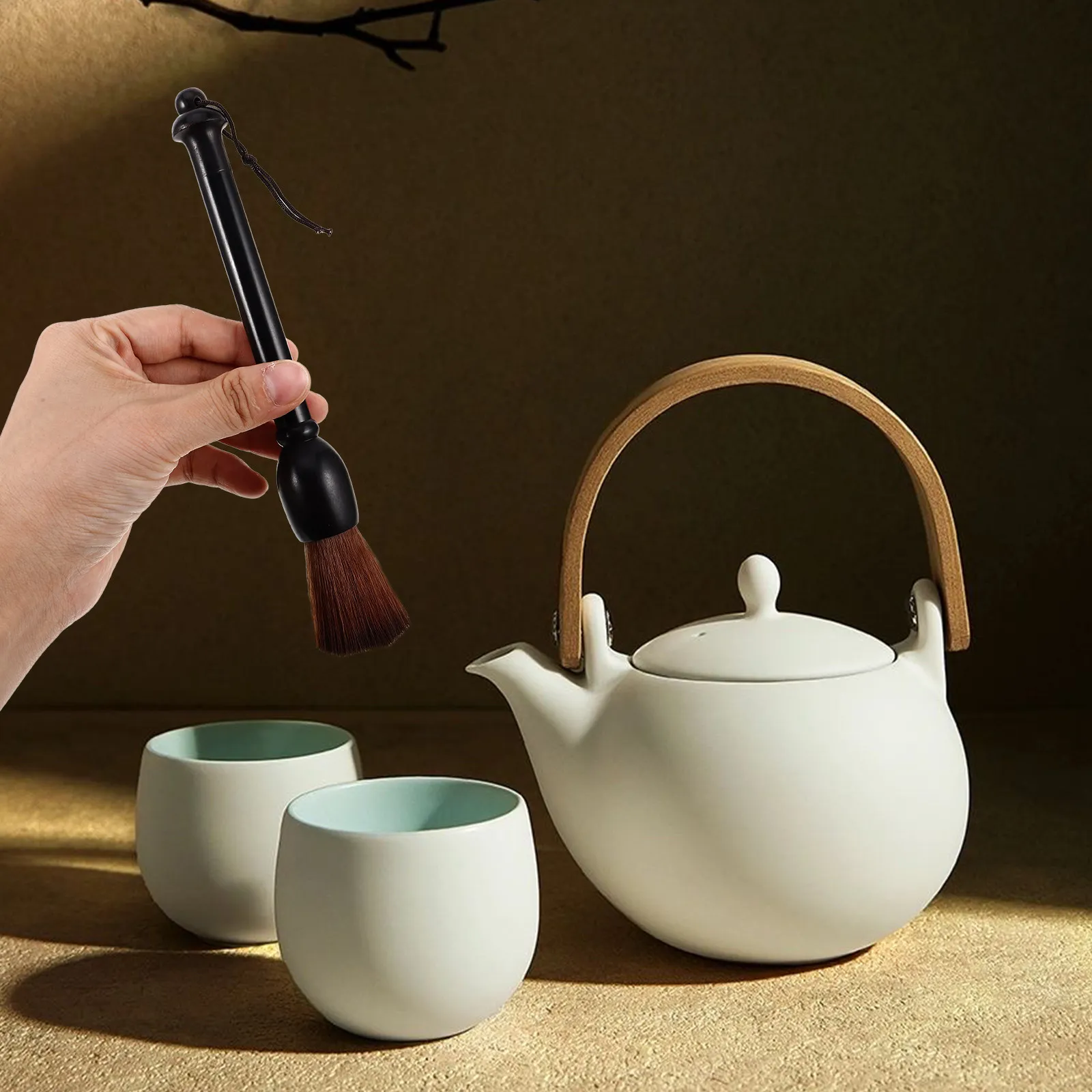 Gongfu Tea Brush Wood Handle Soft Dense Bristles Teapot Spout Tray Cup Cleaner Compact Lightweight for Travel Home Tea Ceremony