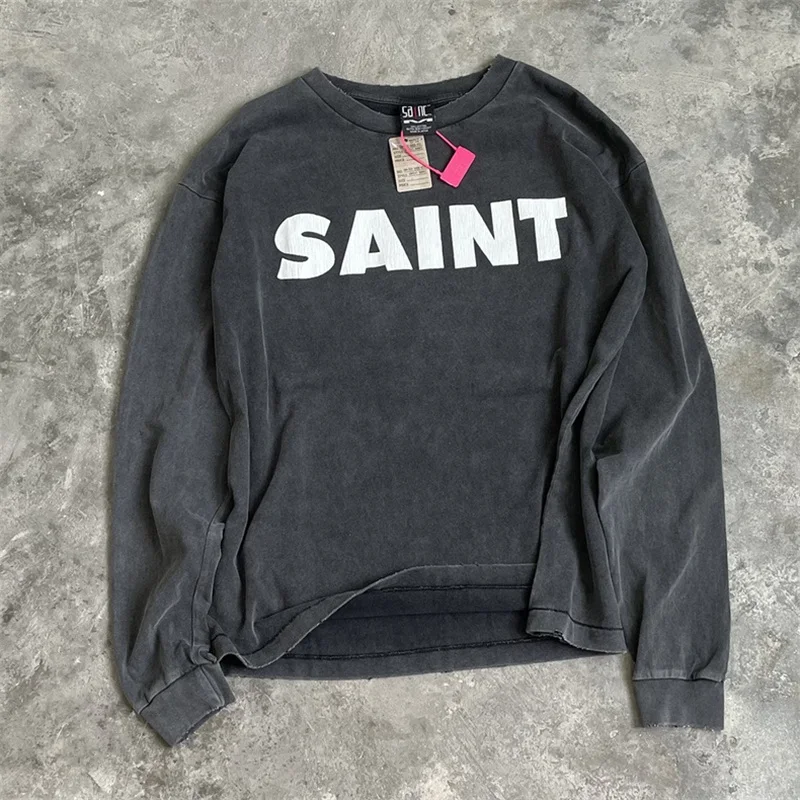 

24ss Saint Michael Classic Logo Hoodies Men Women High Quality Washed Black Oversized Long Sleeve T-shirt