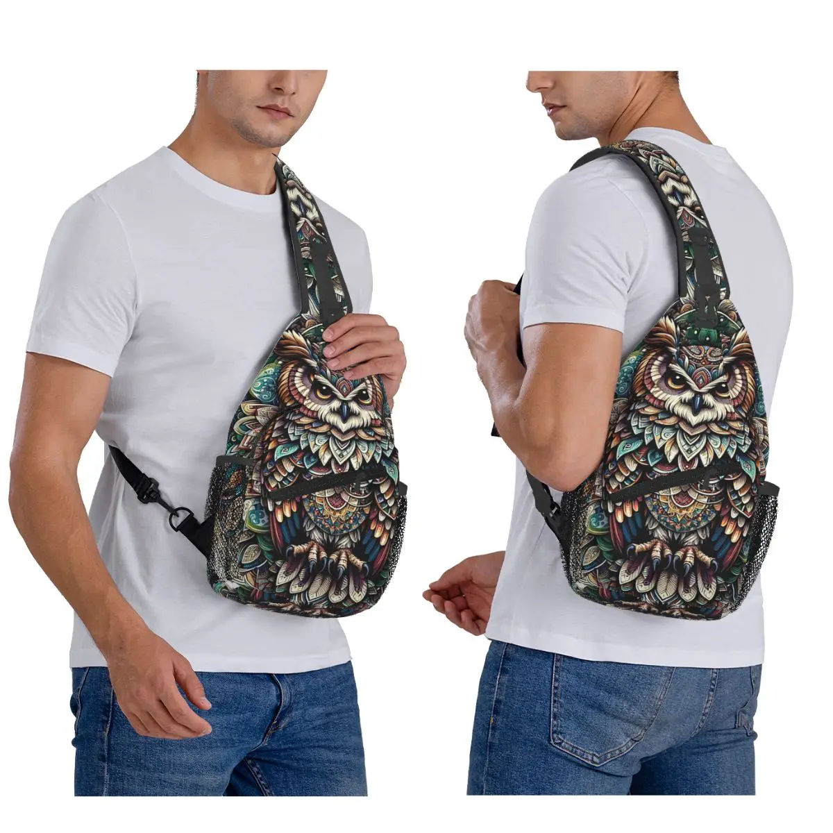 

Native Mandala Owl American Chest Bag Men Sling Crossbody Backpack Chest Bag Traveling Hiking Daypack Shoulder Bag