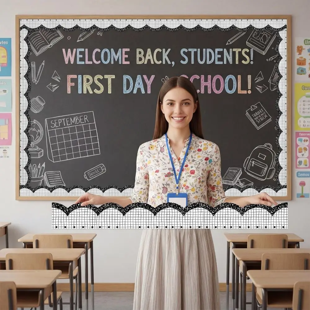 Self Adhesive Blackboard Border Sticker 10m/roll Easy to Cut Bulletin Board Trim Pencil Bow Cartoon Print