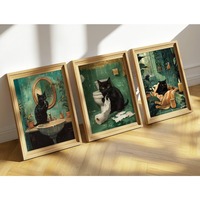 Funny Bathroom Cat Set of 3,Black Cat Vintage Green Bathroom Decor,Quirky Feline Prints,Retro Cat Poster Bundle for Cat Lovers