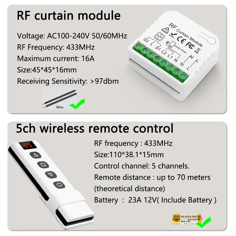 433Mhz Curtain Switch Electric Rolling Shutter Module 110v 220v 16A with 5CH Remote Control for Electric Blind Motor Garage Door