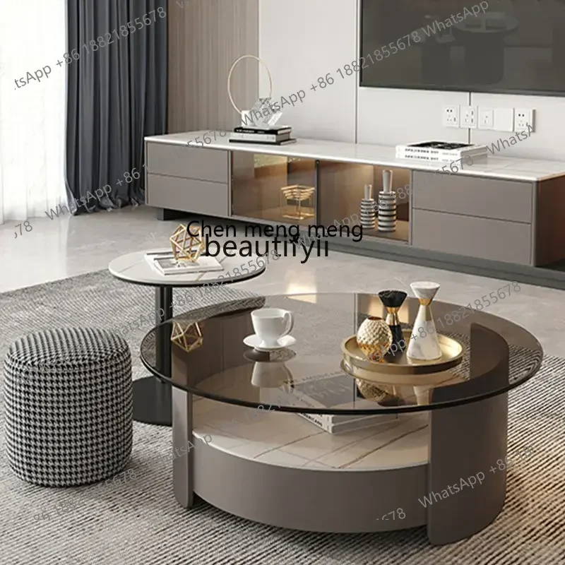 

zq Stone Plate Coffee Table Cabinet Combination Style Living Room New Glass Floor Retractable TV Stand