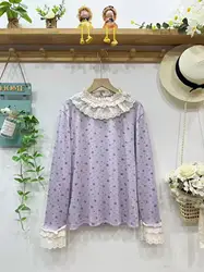 2026 Mori Kei Clothing 100% Cotton Original Design Winter Purple Gray Beige Long Sleeve Shirts for Women Lace Collar Base Shirts