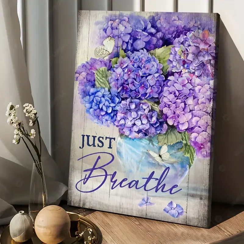 1pc Beautiful Hydrangea Drawing, Purple Flower, Just Breathe - Canvas Prints With Framed Ready to Hang 11.8inx15.7inch