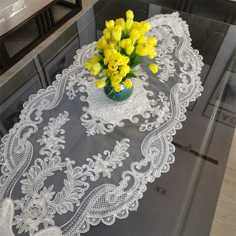 NEW Velvet Lace Embroidered European Table Runner Tablecloth Luxury Furniture Hotel Villa Office Banquet Party Weding Decoration