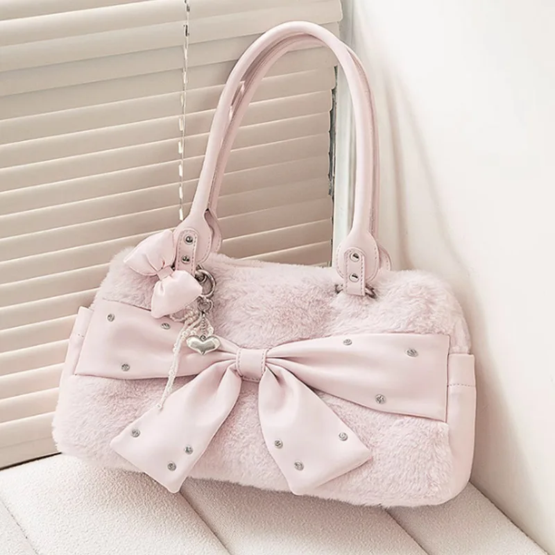 

Retro Winter Plush Bow Lady Handbag Fashiona Sweet Sparkling Diamond Pink Single Shoulder Crossbody Bag Cute Versatile Tote Bag