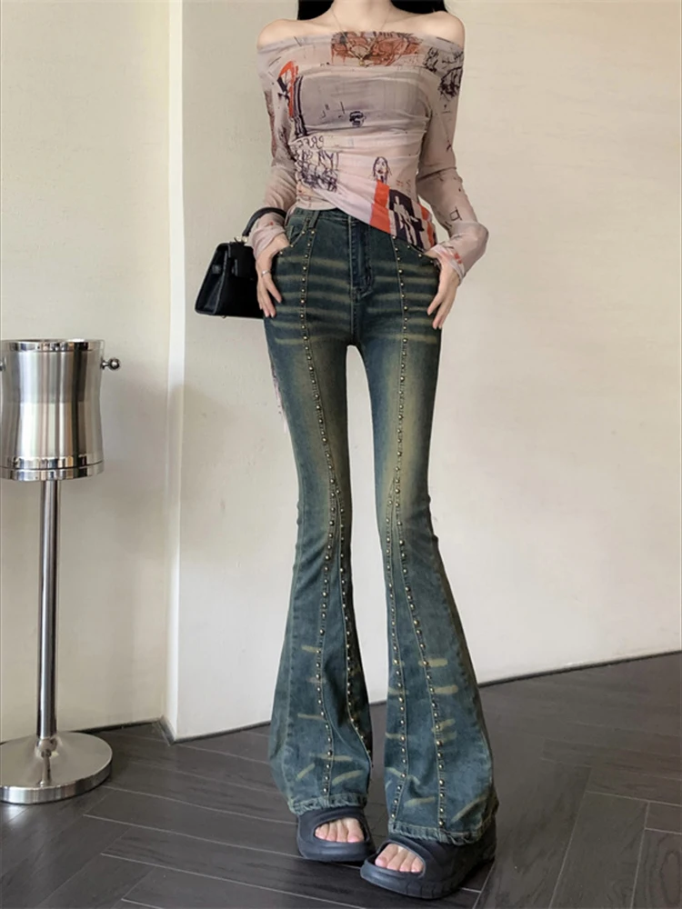 

Vintage Rivets Flare Jeans For Women Lady Summer Autumn Streetwear Chic High Waist Skinny Full Length Boot Cut Jeans