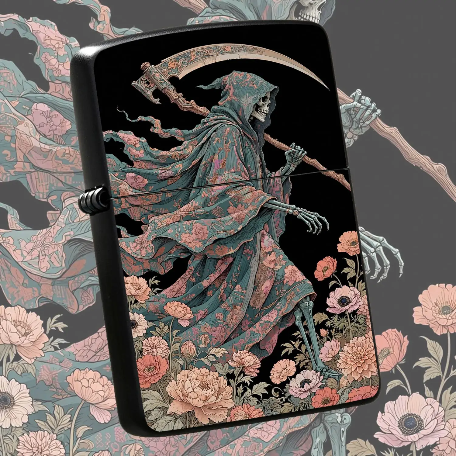 Vintage Floral Pattern Grim Reaper Skeleton Decorative Lighter, Artistic Aesthetic Walking Through Blooms Design, Versatile for All Occasions, Unique Stylish Portable Nice Gift, Exquisite Creative Decorative Practical Accessory for Daily U