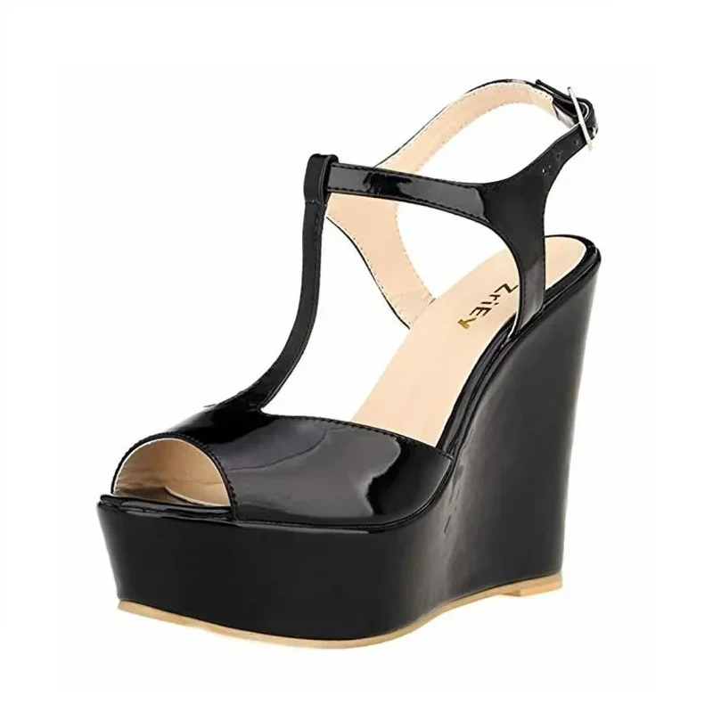 

Женские босоножки на танкетке, новинка 2023 года, лето, 14 см, с открытым носком, пикантные туфли на высоком каблуке с ремешком на щиколотке, лакированные кожаные туфли-лодочки на платформе, вечерние свадебные туфли