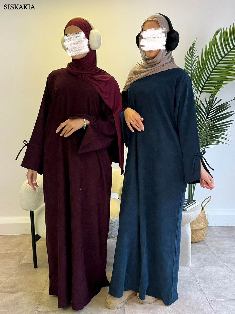 

Ramadan Dubai BOW Sleeve Abaya For Muslim Women's Solid Gold Velvet Kaftan O-Neck Maxi Clothing