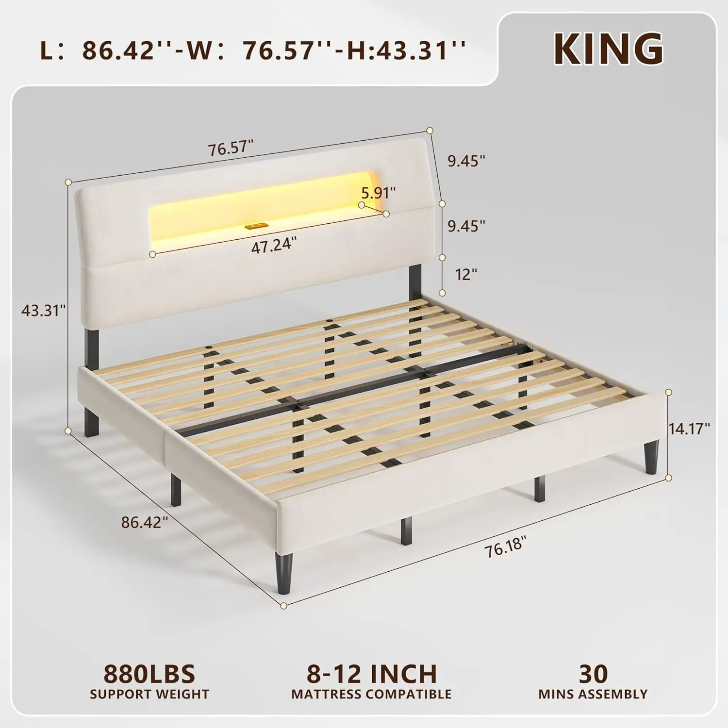#King Upholstered Bed Frame with Storage Headboard LED Charging Station Noise-Free Easy Assembly Beige, Customized