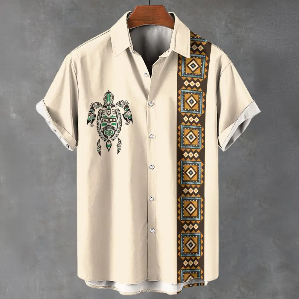 Vintage Men\'s Shirt Ethnic Pattern Print Short Sleeve Tees Lapel Shirts Summer Fashion Casual Streetwear Male Oversized Clothing