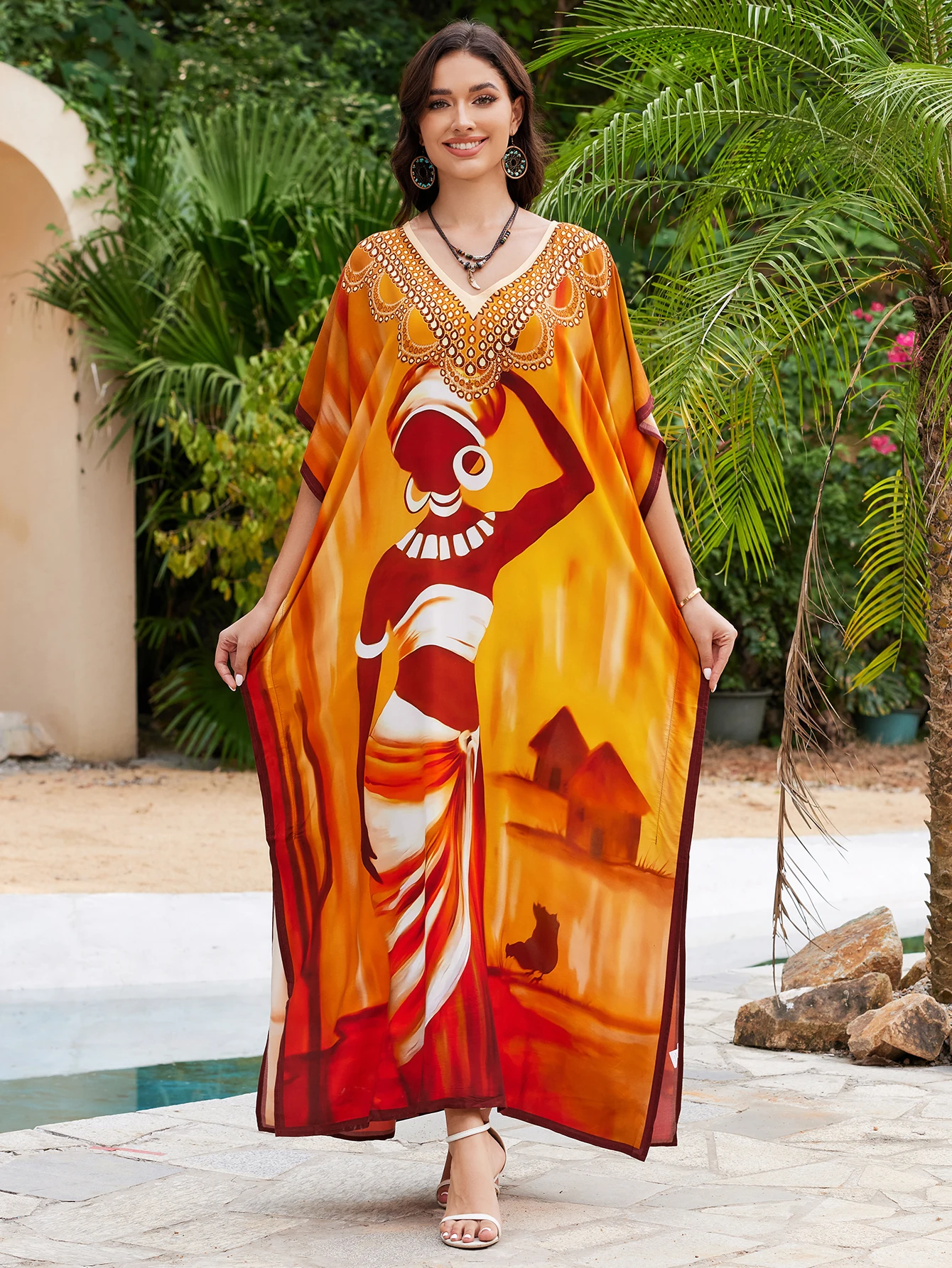 Sunset Orange African Figure Graphic Printed Long Kaftan, Embellished V Neck Oversized Maxi Cover Up Dress, Bohemian Ethnic Robe