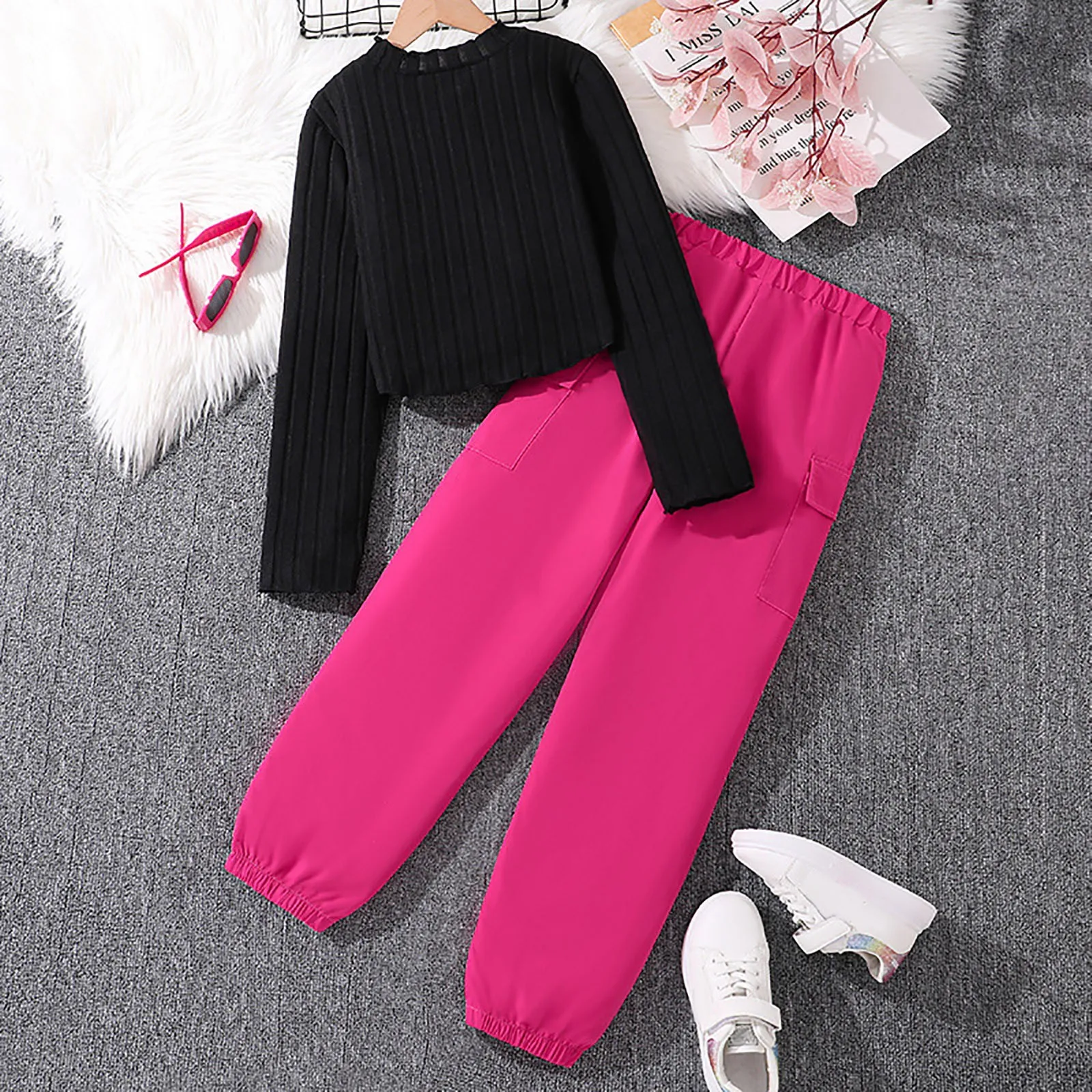 Children‘s Casual Clothing Outfits For Girls Black Pullover Hoodie And Rose Red Pants Sports Loose Comfortable Style Daily Suits