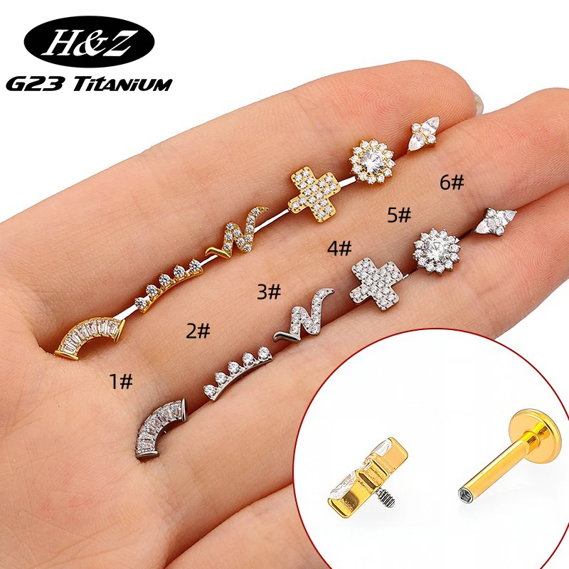 

1PC G23 Titanium 16G Piercing Labret Ear Studs Internal Thread Lip Stud Zircon Flower Helix Conch Tragus Cartilage Body Jewelry