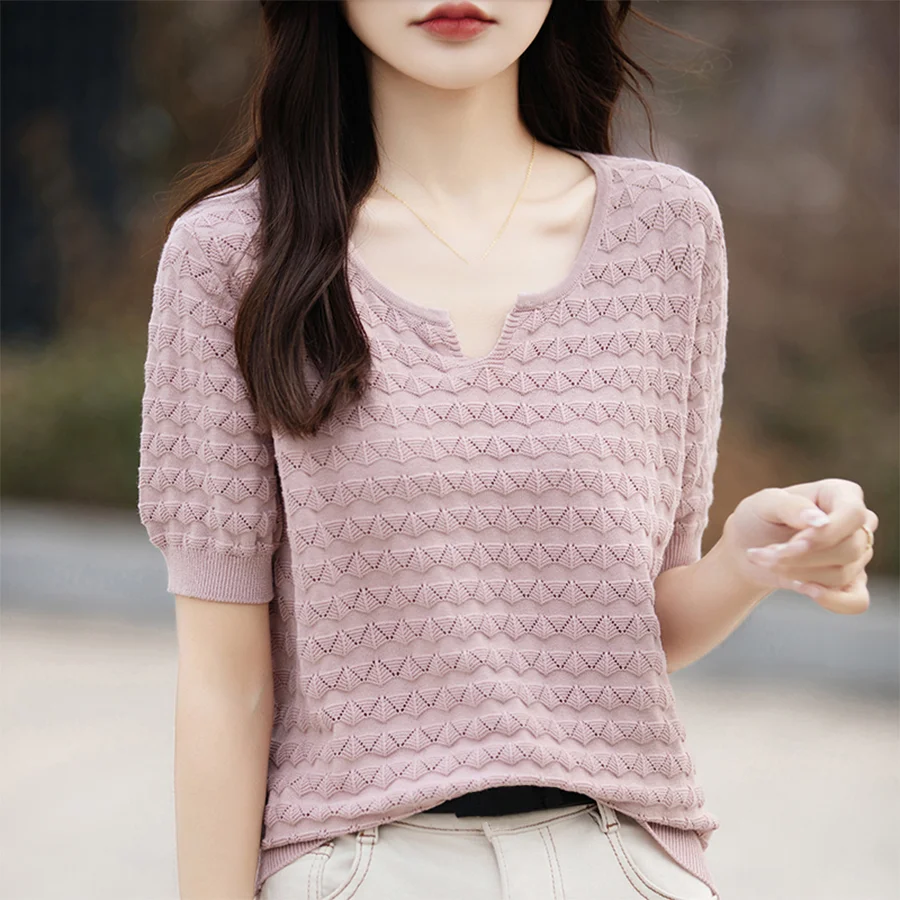 Women\'s T-shirt Summer Knitted Thin Short Sleeve Sweater Cotton Solid V-Neck Ladies Hollow Out Tops Blouse Basic Pullover Tees