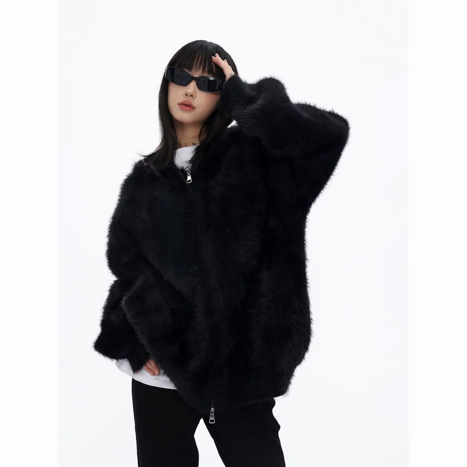 2025 Winter New Thick Hooded Sweater Lazy Cardigan Hairy Coat Knitted Sweater