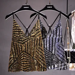 Fashion sexy sparkling sequins heavy industry suspender skirt A-line loose deep V low-cut cross open-back suspender top women
