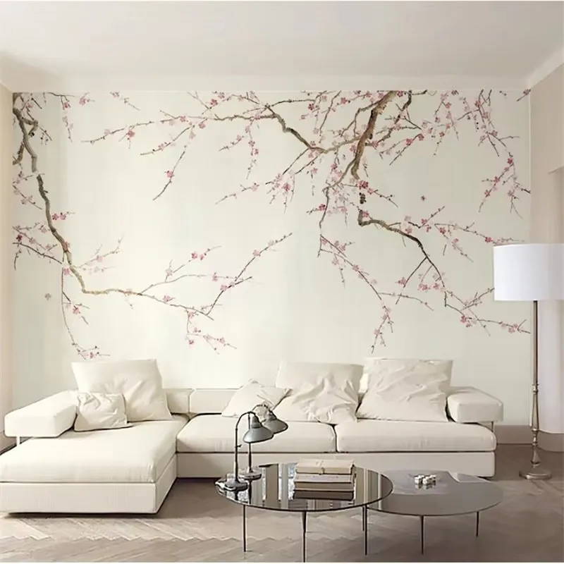 Customized wallpaper 3D modern minimalist hand-painted new Chinese plum blossom living room bedroom TV sofa background wall