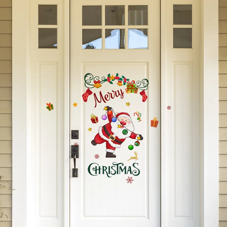 Cartoon Weihnachtsmann Geschenk Tür-Aufkleber Eingang Wohnzimmer Fenster-Dekor Heim-Dekoration Wandbild Neujahr Selbstklebende Wandtattoos – Detail 2