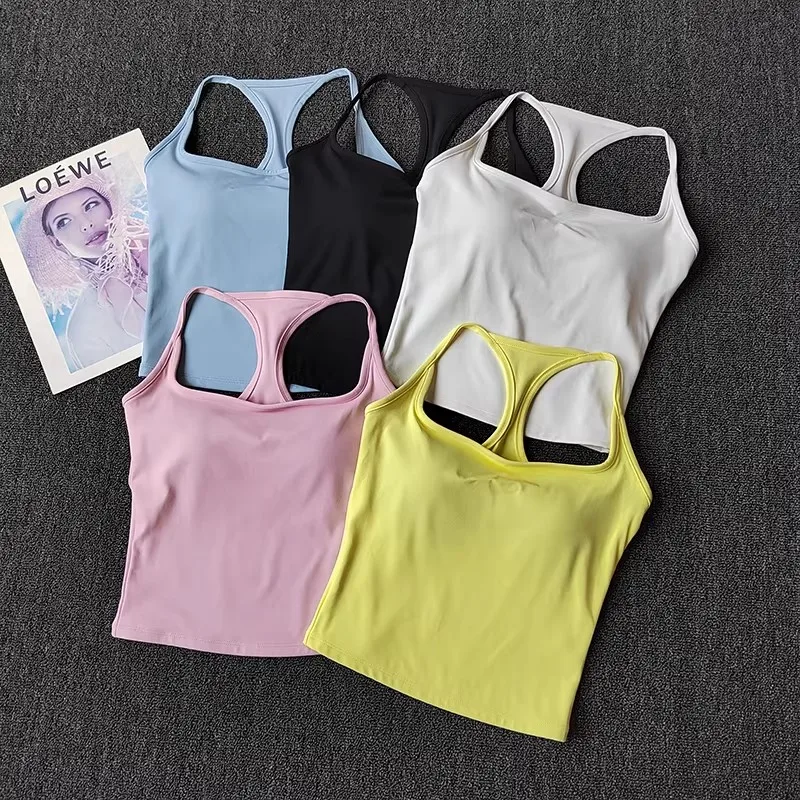 Nouveau débardeur de sport et fitness avec coussinets de poitrine, antichoc, dos élégant, sensation seconde peau, pour Pilates et Yoga