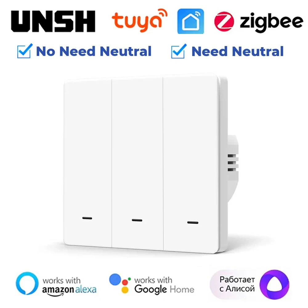 2000W Tuya Zigbee EU UK Smart Light Switch Push Button No/With Neutral Wire Switch Smart Life Via Alexa Google Home Yandex Alice